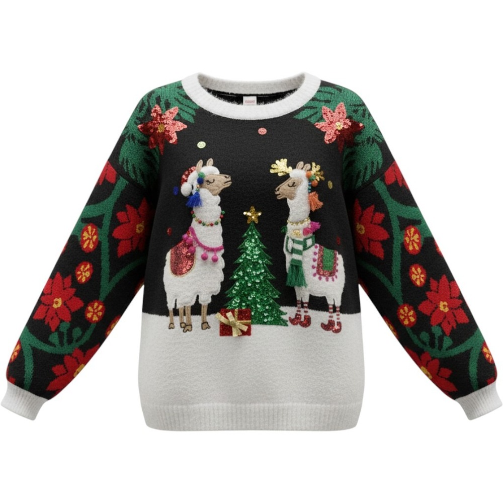 Holiday Time Womens Llama Christmas Tree Poinsettia Sequin Ugly Sweater 1X Black